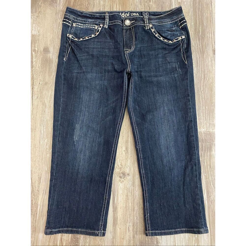 LA Idol Mid Rise Capri Jeans Rhinestone Embroidered Women’s Junior’s Sz 15